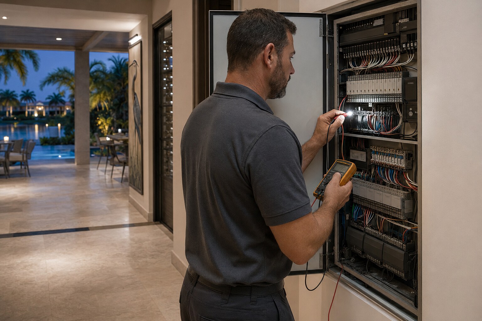 Amplex technician diagnosing a centralized residential lighting-control panel