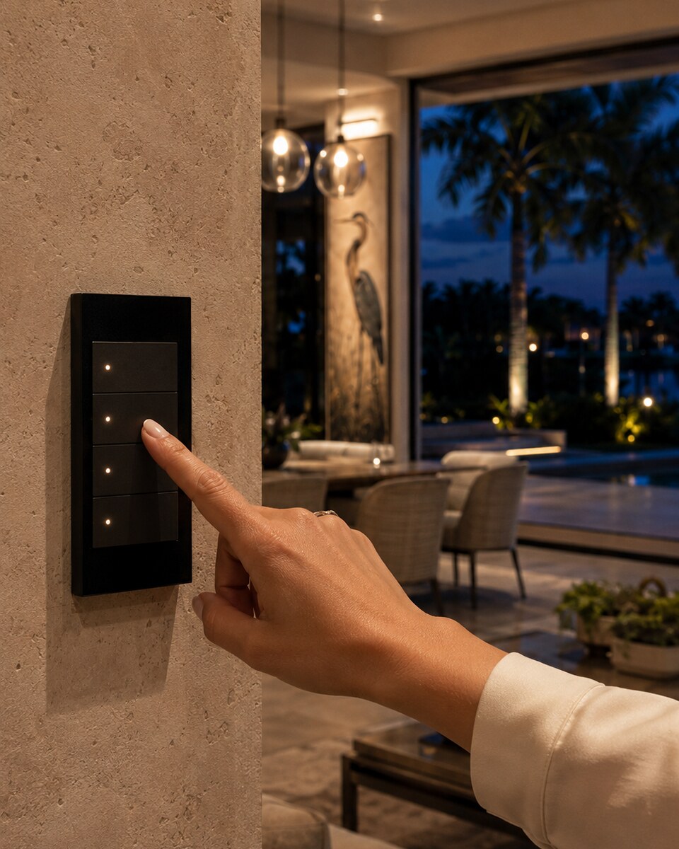 Hand operating a scene keypad in a professionally lit Southwest Florida residence