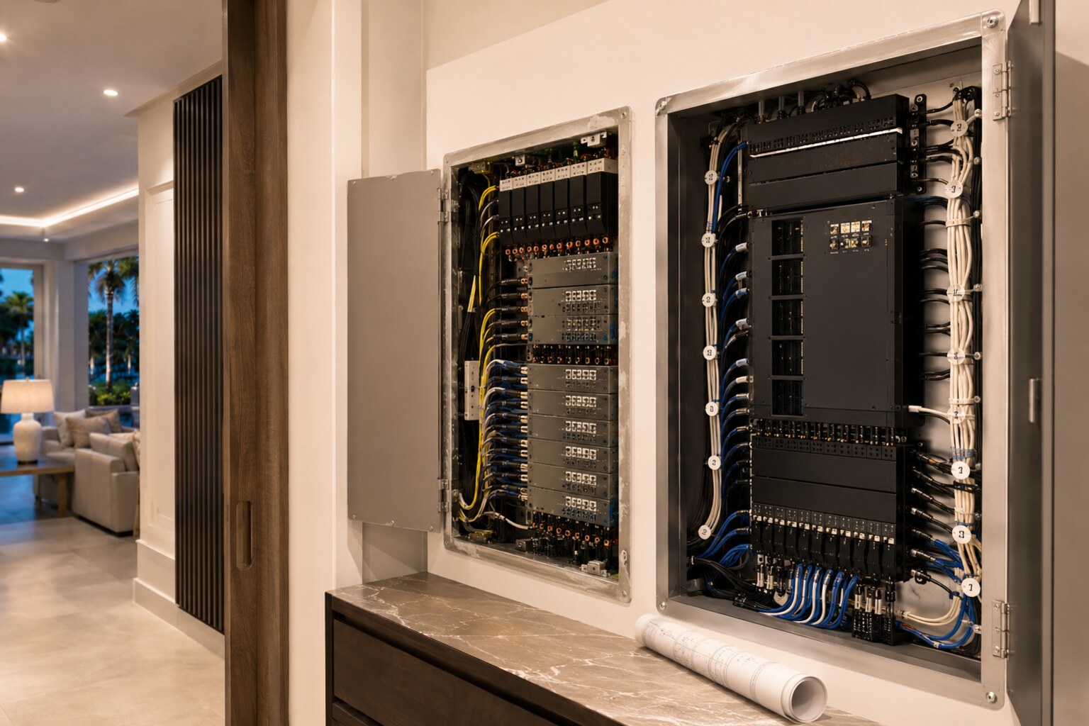 Existing and modernized centralized lighting-control enclosures in a finished residence