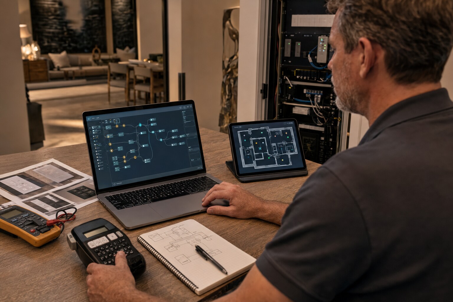 Technician mapping, documenting, and programming a residential lighting-control system