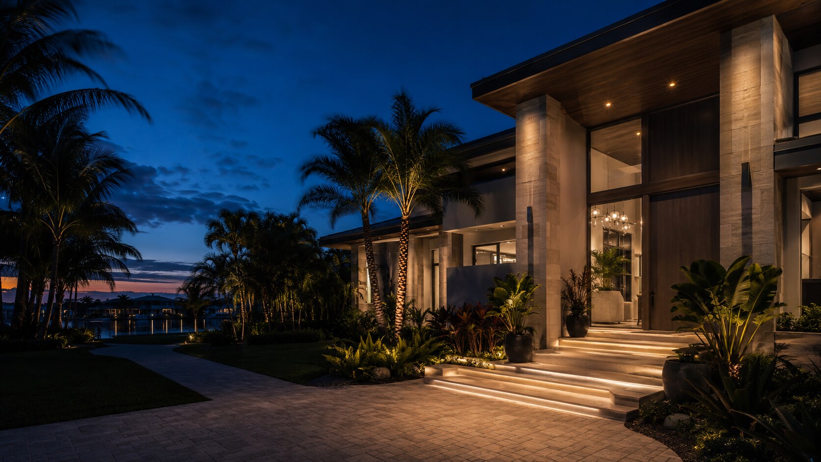 Layered architectural and landscape lighting at a Southwest Florida waterfront residence