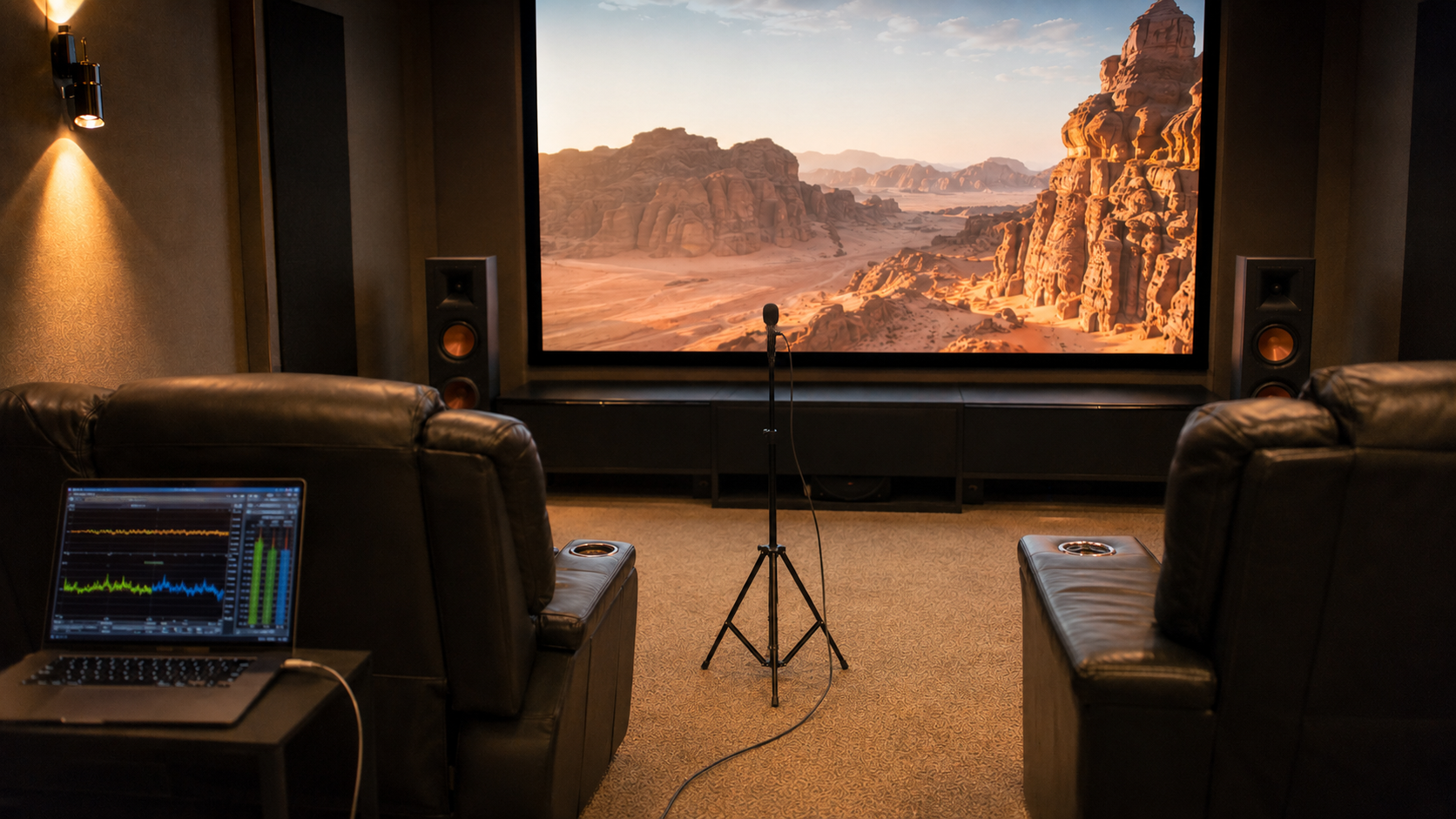 Home theater audio calibration using a measurement microphone and analysis software at the listening position