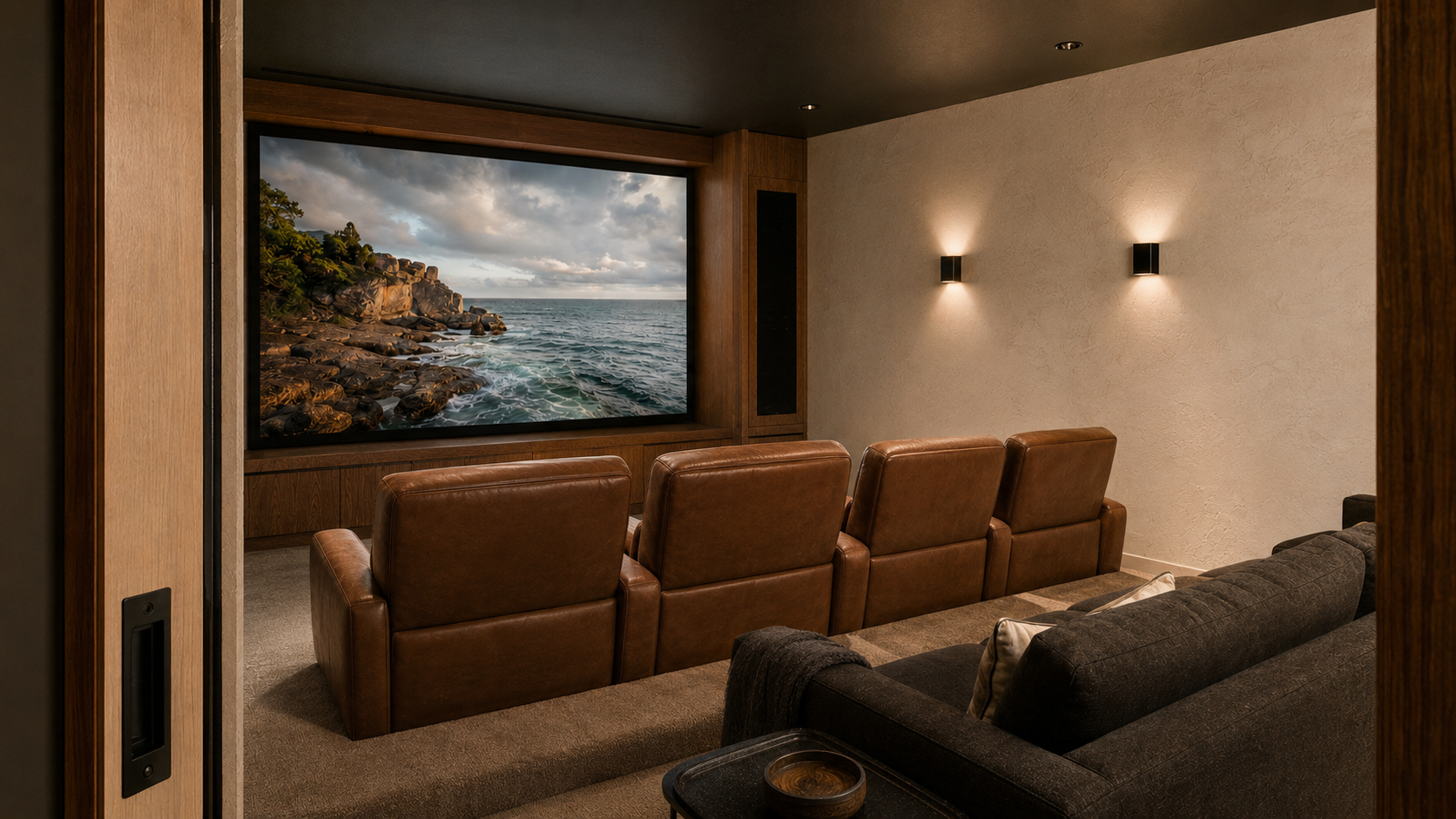 Compact dedicated home theater with tiered leather seating and a large projection screen