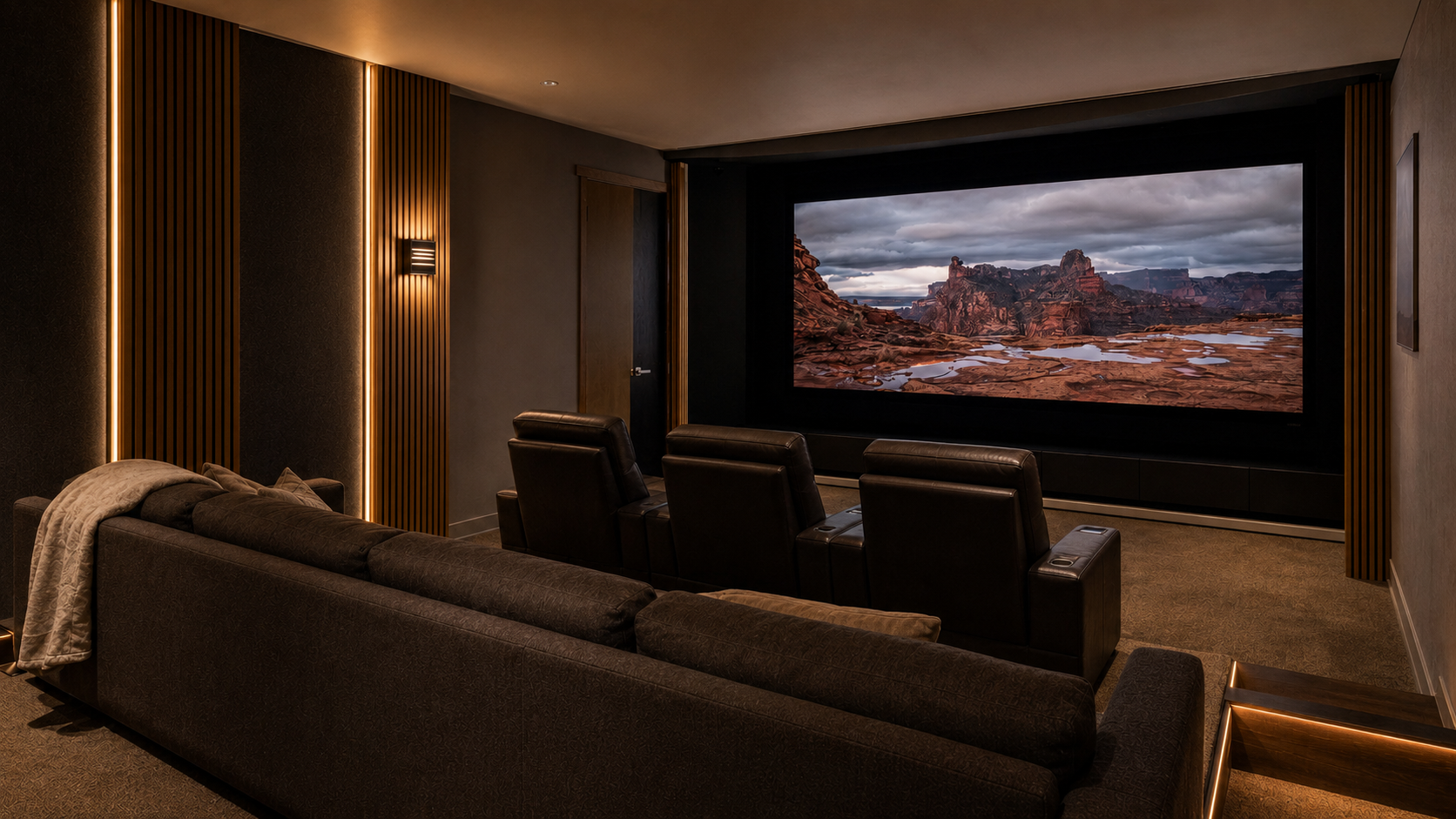 Dedicated home theater with three recliners, rear sofa, architectural lighting and a large projection screen