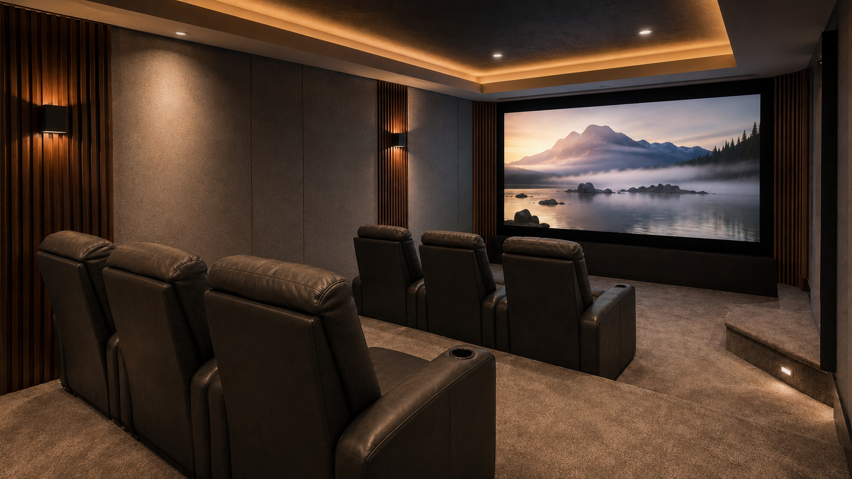 Custom dedicated home theater with two seating rows, acoustic wall treatments and a large projection screen