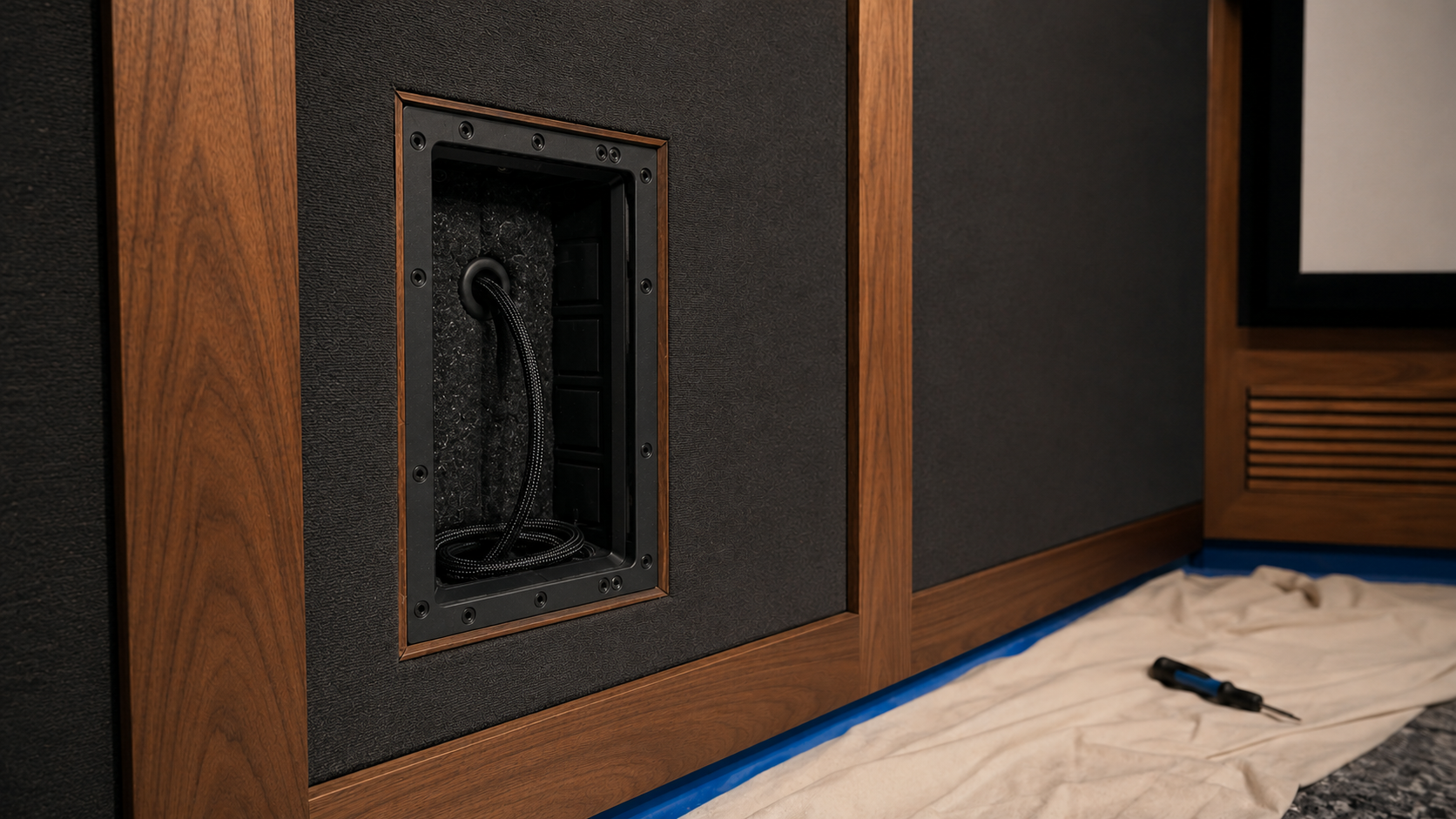 In-wall speaker backbox with protected speaker cable during a careful home theater installation