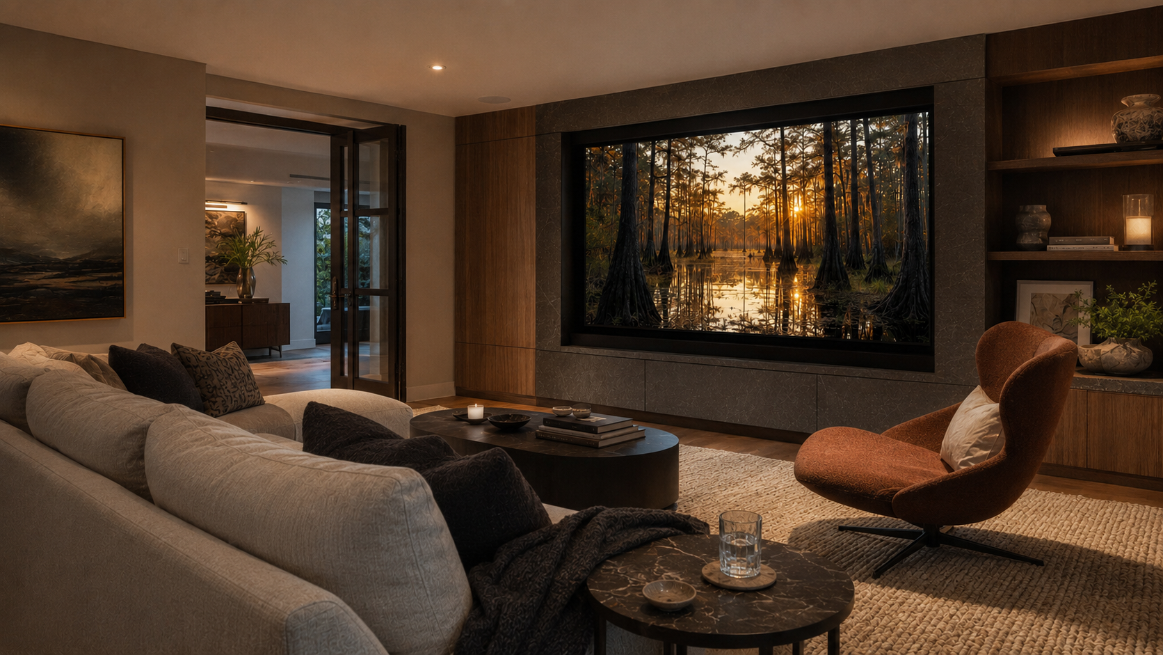 Luxury media room with concealed technology, acoustic finishes and relaxed residential seating
