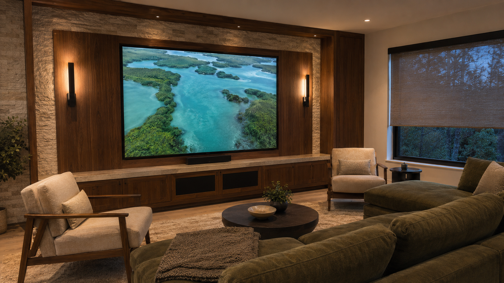 Open media room with an integrated large-format display, sectional seating and warm architectural finishes